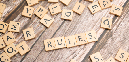 Overhead shot of scrabble letters showing the word rules