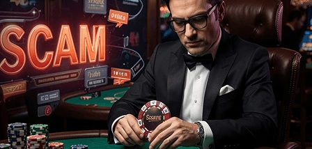 Man in a suit holding a poker chip
