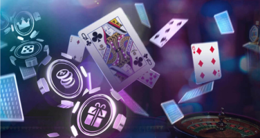 Playing cards in the air along with playing chips with a purple overlay