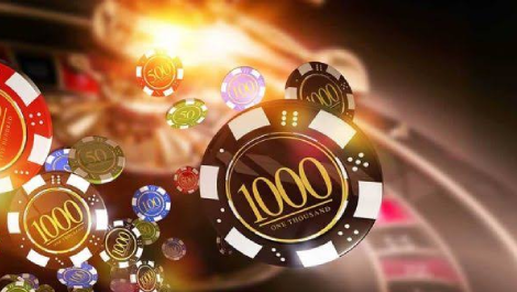 Flying poker chips with a flare in the background