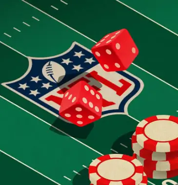 Dice and poker chips over a sports field depicting sports betting